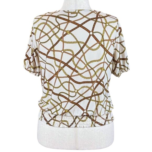 MICHAEL BY MICHAEL KORS BROWN AND WHITE BUBBLE HEM TOP, SIZE M - Picture 3 of 5